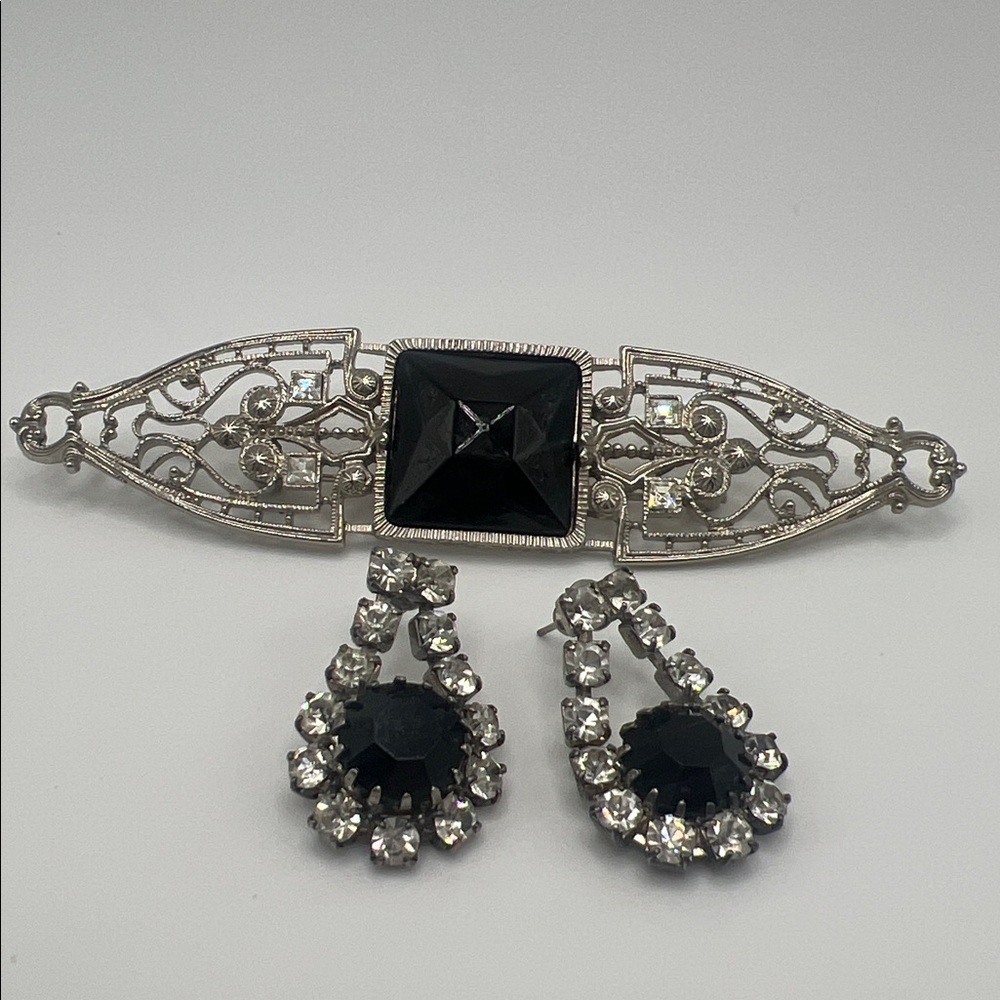 Brooch & Post Back Dangle Earrings Black Faceted Clear Rhinestone Vintage Event
